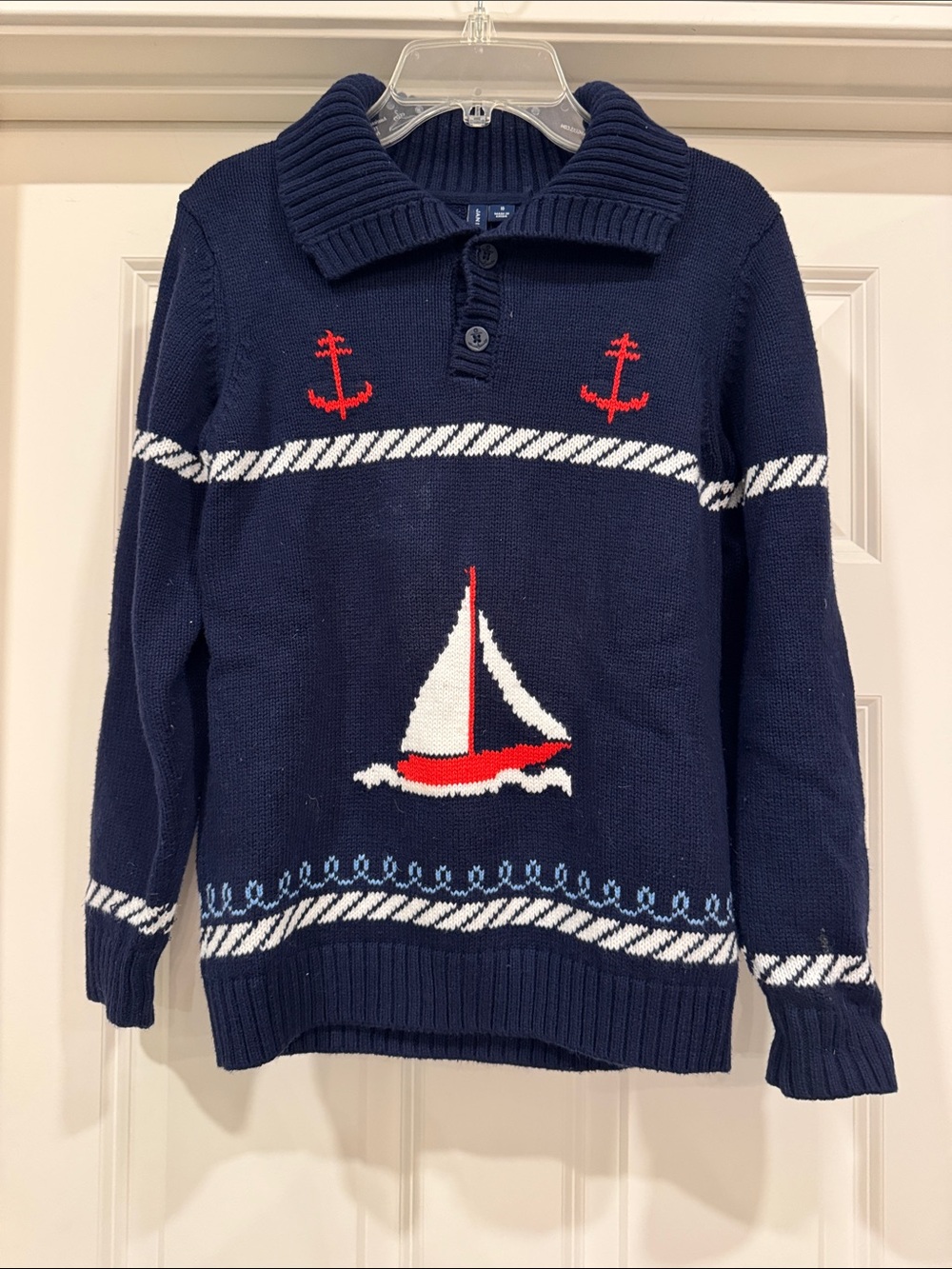 Boys Janie and Jack Navy button neck Sailboat Sweater with Red Anchors Size 10